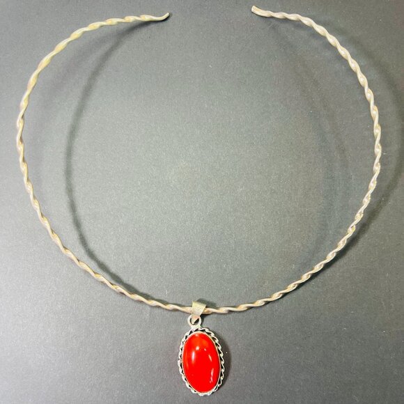 Red Coral Oval 925 Pendant on Necklace Choker Torque 925 Twisted Collar